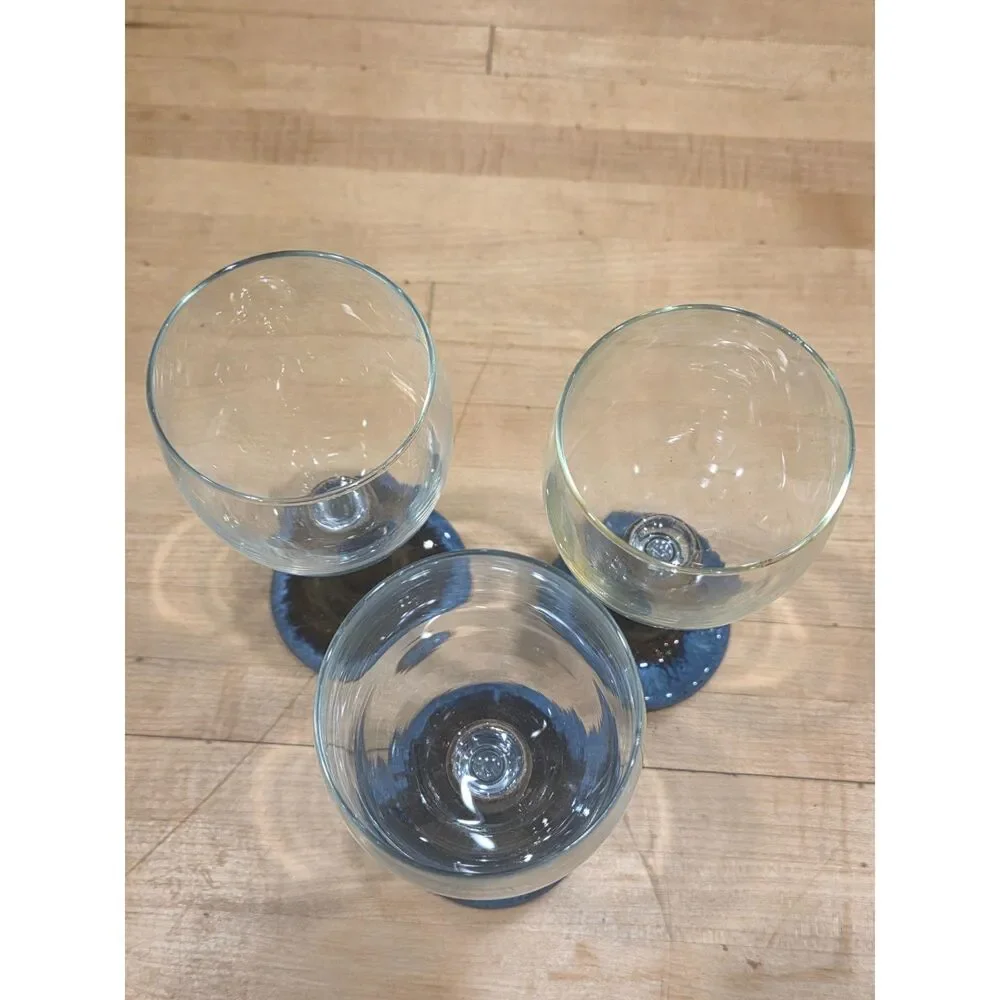 Set of 3 Vintage Studio Pottery Stoneware Wine Glasses Blue Brown Drip Stem